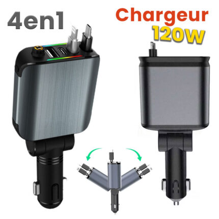 Chargeur Voiture 4en1 Rétractable 120W avec toit Starlight pour téléphones iOS et Android- شاحن سيارة متعدد المنافذ