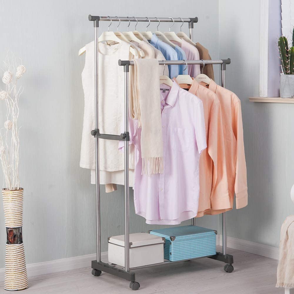 61r-vSsis6L._AC_SL1000_-1.jpg Penderie 2 Barre et porte-chaussures 2 en 1 en acier inoxydable - الصورة 1