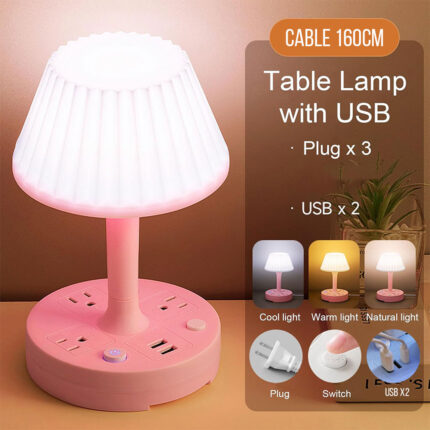 Lampe de table avec port USB à intensité variable 3 couleurs – مصباح ومقبس طاقة