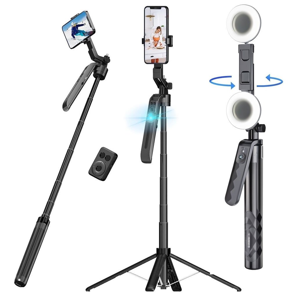 P10-Pro-cnc-2.jpg Trépied perche à selfie PLOKAMA avec deux lumières LED et télécommande sans fil 4en1 – حامل هاتف وعصى سيلفي قابل للتمدد مع إضاءة مدمجة - الصورة 1