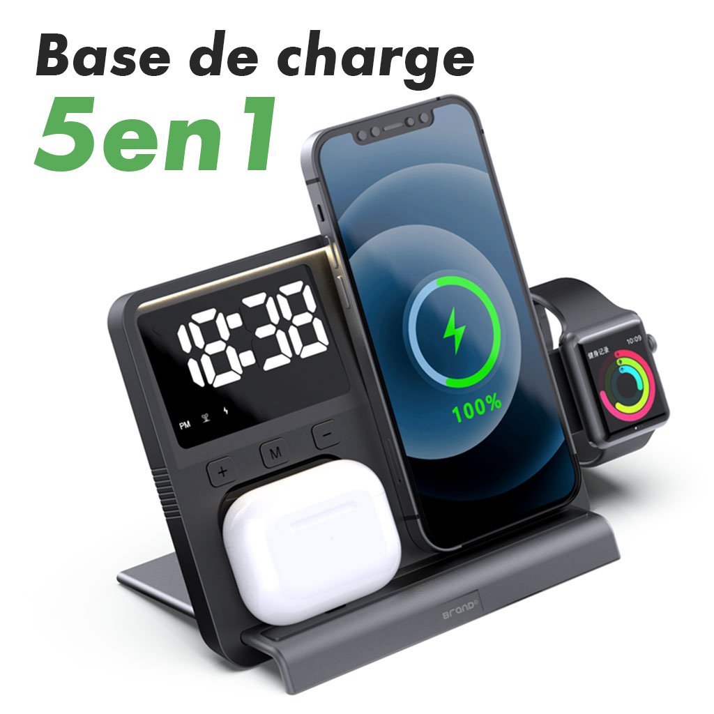 Wirless-charger-5en1-cnc-2.jpg Chargeur sans fil 5 en 1 et station de charge ultra rapide avec Réveil integré - الصورة 1