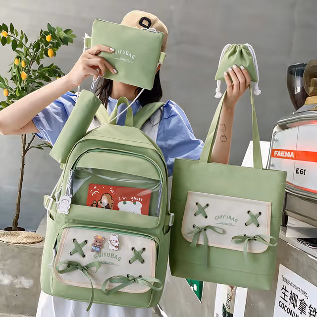 ⁦Sac à Dos Multifonctionnel Kawaii Grand Volume Imperméable et Résistant 5Pcs Vert SACKDS11VR - حقيبة ظهر بعدة قطع بتصميم كاوايي⁩ - الصورة ⁦2⁩