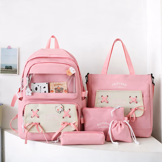 1785753004282-9u7nba Sac à Dos Multifonctionnel Kawaii Grand Volume Imperméable et Résistant 5Pcs Rose SACKDS11RS - حقيبة ظهر بعدة قطع بتصميم كاوايي - الصورة 1