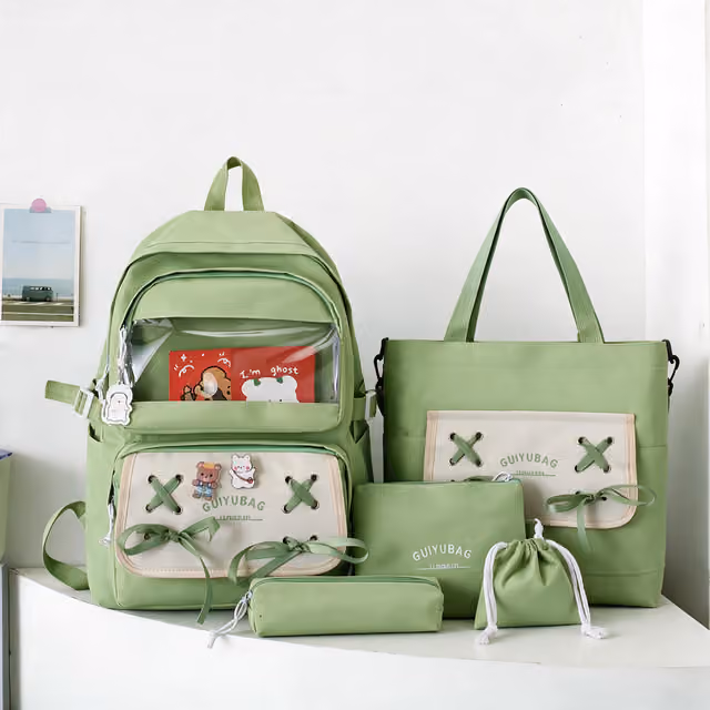 1785753333231-11omt7 Sac à Dos Multifonctionnel Kawaii Grand Volume Imperméable et Résistant 5Pcs Vert SACKDS11VR - حقيبة ظهر بعدة قطع بتصميم كاوايي - الصورة 1
