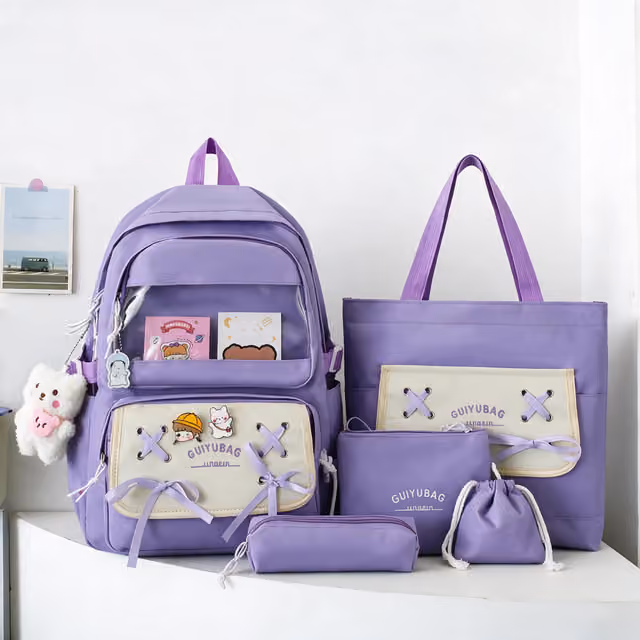 1785753635590-pn412l Sac à Dos Multifonctionnel Kawaii Grand Volume Imperméable et Résistant 5Pcs Mauve SACKDS11MV - حقيبة ظهر بعدة قطع بتصميم كاوايي - الصورة 1