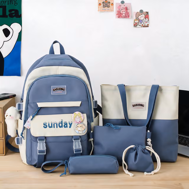 1785854977924_76m76tom_1 Sac à Dos Multifonctionnel Kawaii Grand Volume Imperméable et Résistant 5Pcs Bleu SACKDS14BL - حقيبة ظهر بعدة قطع بتصميم كاوايي - الصورة 1