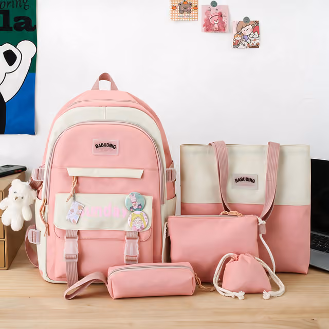 1786013774463-qunqlk Sac à Dos Multifonctionnel Kawaii Grand Volume Imperméable et Résistant 5Pcs Rose SACKDS14RS - حقيبة ظهر بعدة قطع بتصميم كاوايي - الصورة 1