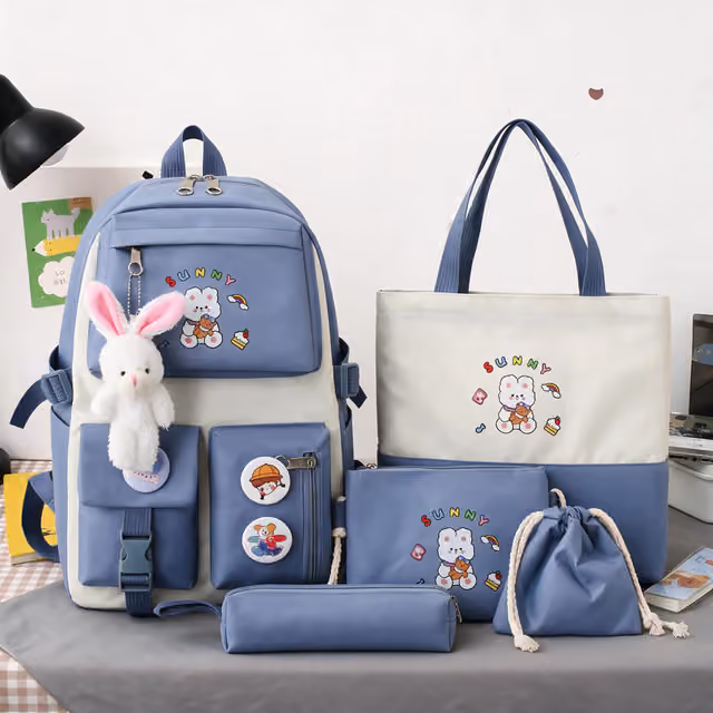 1786191621901-004qo7 Sac à Dos Multifonctionnel Kawaii Grand Volume Imperméable et Résistant 5Pcs Bleu SACKDS15BL - حقيبة ظهر بعدة قطع بتصميم كاوايي - الصورة 1