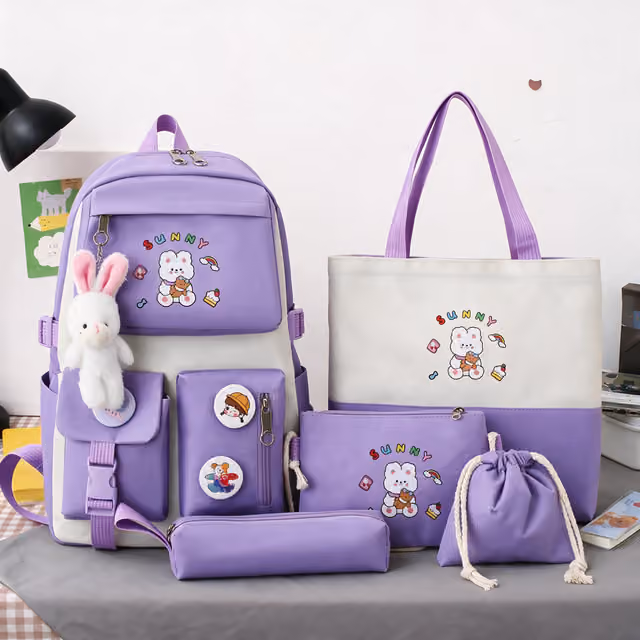 1786191785287-5vbj4m Sac à Dos Multifonctionnel Kawaii Grand Volume Imperméable et Résistant 5Pcs Mauve SACKDS15MV - حقيبة ظهر بعدة قطع بتصميم كاوايي - الصورة 1
