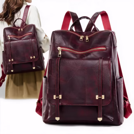 Sac à dos rétro en cuir synthétique pour femme Grenat - حقيبة ظهر نسائية من الجلد