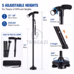 ⁦Canne de Marche Pliable avec Lampe LED Base Pivotante Quadruple Hauteur Réglable - عصا المشي القابلة للطي المزودة بإضاءة وقاعدة رباعية ثنائية التوازن⁩ - الصورة ⁦8⁩