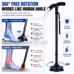 ⁦Canne de Marche Pliable avec Lampe LED Base Pivotante Quadruple Hauteur Réglable - عصا المشي القابلة للطي المزودة بإضاءة وقاعدة رباعية ثنائية التوازن⁩ - الصورة ⁦7⁩