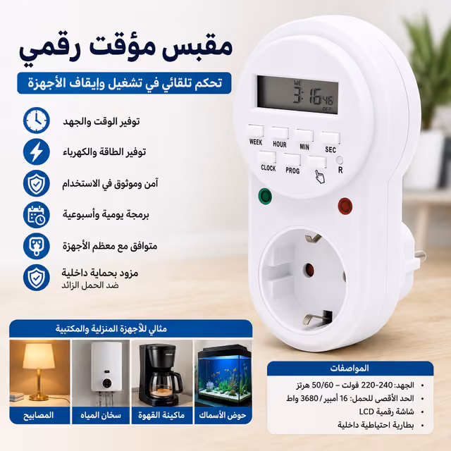 1787998327692-3m09hn Prise Programmable Digitale pour Minuterie Électronique Écran LCD 16A 3680W - مقبس مؤقت رقمي ذكي للتحكم التلقائي بالأجهزة - الصورة 1