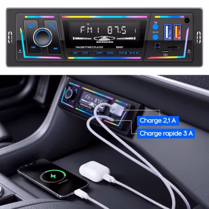Autoradio Bluetooth 5.0 1DIN Charge Rapide USB et Type-C, Éclairage Personnalisable DSP et RDS - راديو سيارة بلوتوث مع منفذي شحن