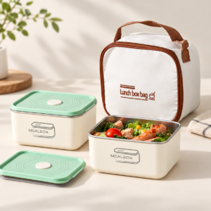 Ensemble Boîte à Lunch en Acier Inoxydable 2Pcs avec Sac Isotherme – طقم علب حفظ الطعام والوجبات من الاينوكس مع حقيبة حرارية عازلة