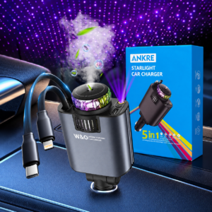 Starlight D1 Chargeur voiture rétractable 5 en 1 avec aromathérapie et lumière des étoiles – شاحن سريع للسيارة مع معطر